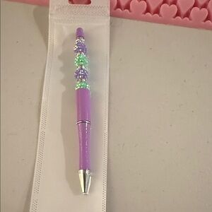 Homemade Purple and Green Bejeweled Ballpoint  Beaded Refillable Pen